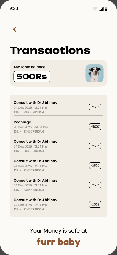 The wallet screen in the owner app, showing available balance and recharge.
