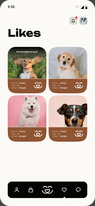 The discovery and liking screen from the pet matchmaking phase.