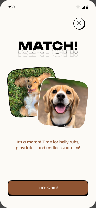 A match screen showing two dogs side by side, with copy about playdates and a Let's Chat button.