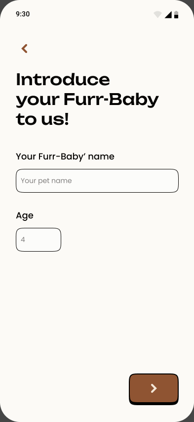 An onboarding step asking the owner to introduce their pet, requesting a pet name and age.