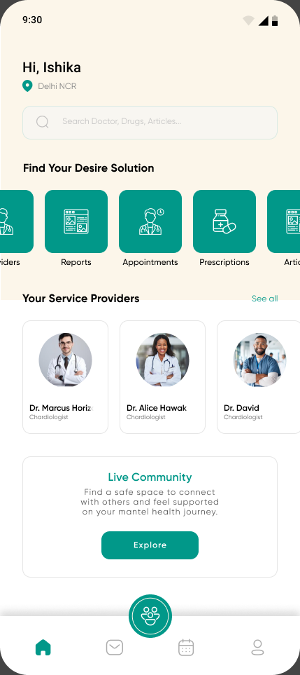 The patient dashboard, with a personal greeting and location, a search field, a horizontal row of care categories, saved service providers and a card inviting the user into the community.
