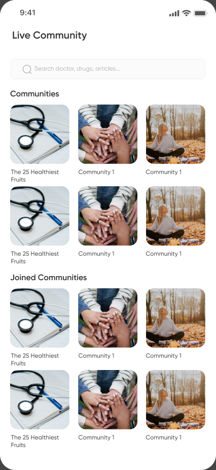 The community browse screen, showing available communities and joined communities.