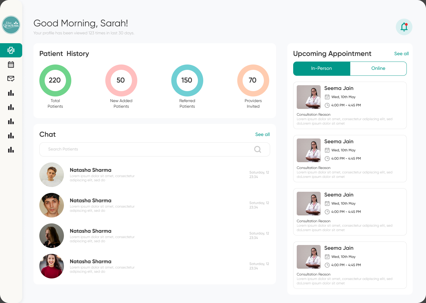 The doctor dashboard, with a greeting, patient history rings, a patient chat list and an upcoming appointments column split between in-person and online.