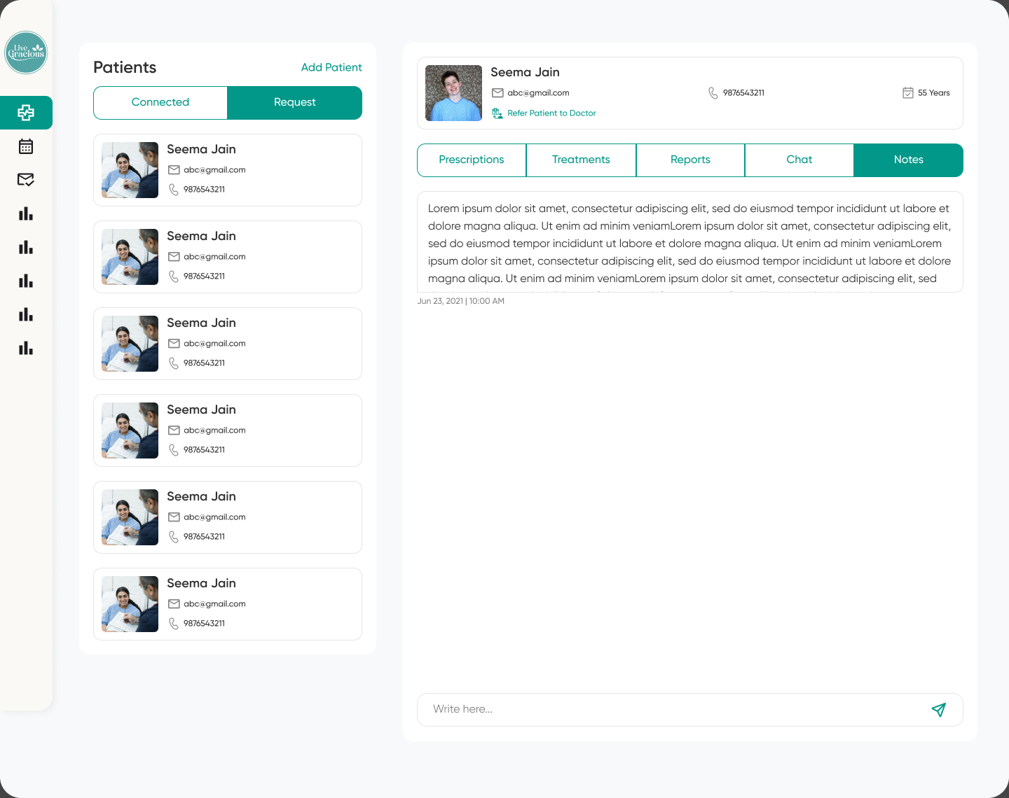 The doctor's notes screen within the patient record.