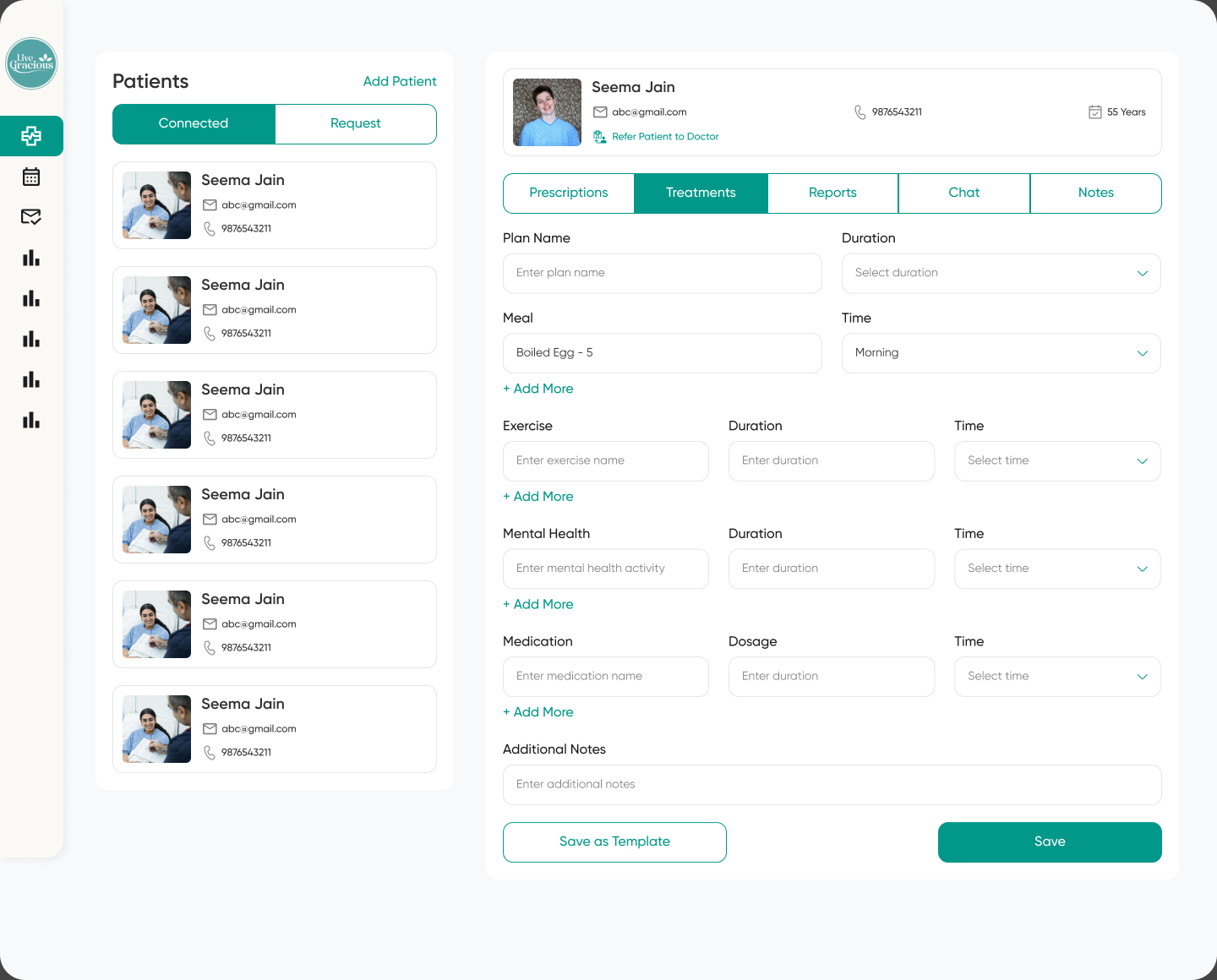 The doctor's treatment plan builder, with a patient list, tabs for prescriptions, treatments, reports, chat and notes, and plan sections for meal, exercise, mental health and medication.